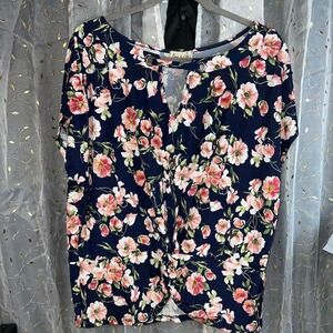 Emi & Joe Women 3X Navy Blue Floral Twist Front Grommet Blouse NWT PT18440